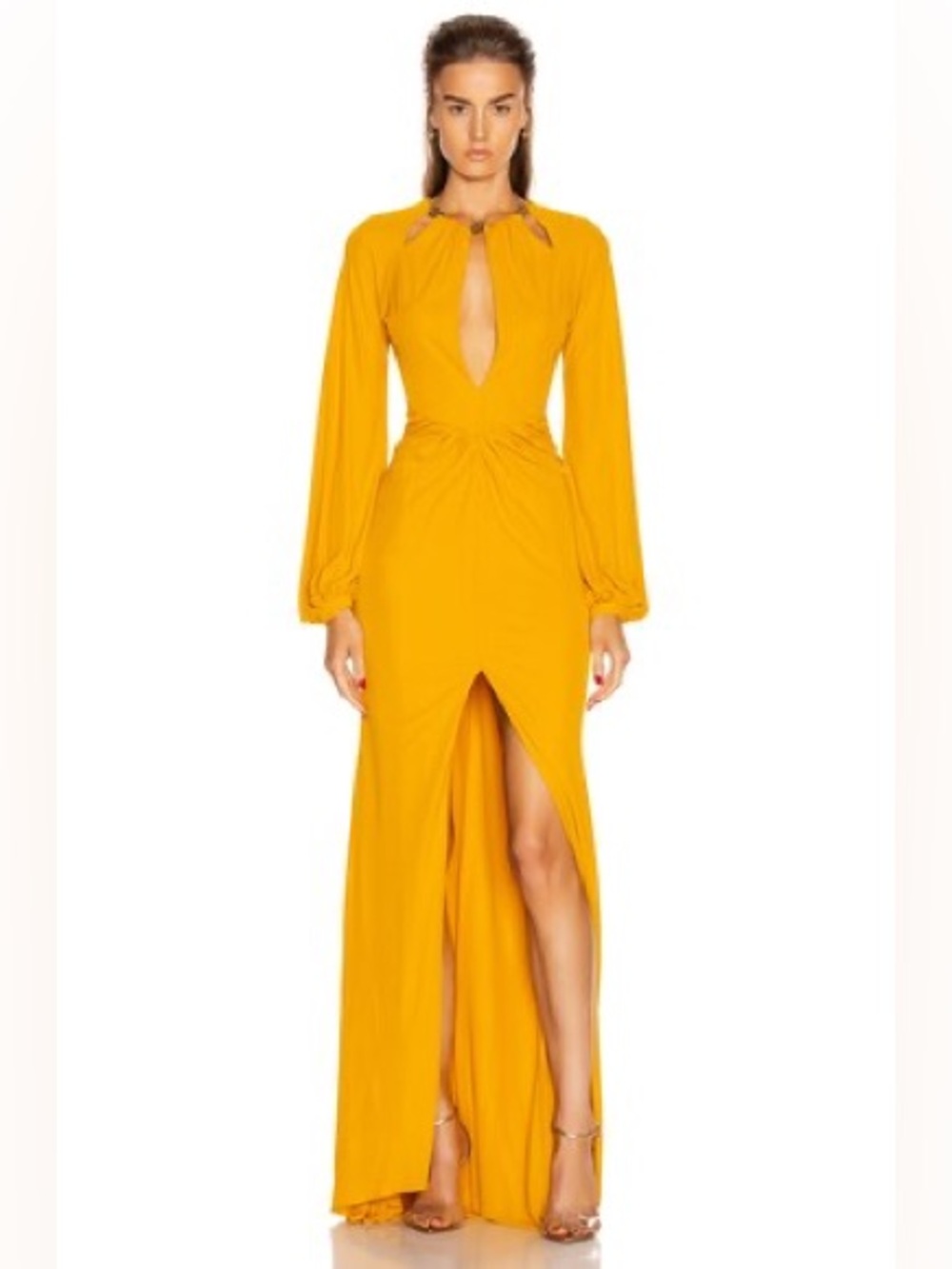 DUNDAS Yellow Plunge Keyhole Neck Bishop Sleeve Gown